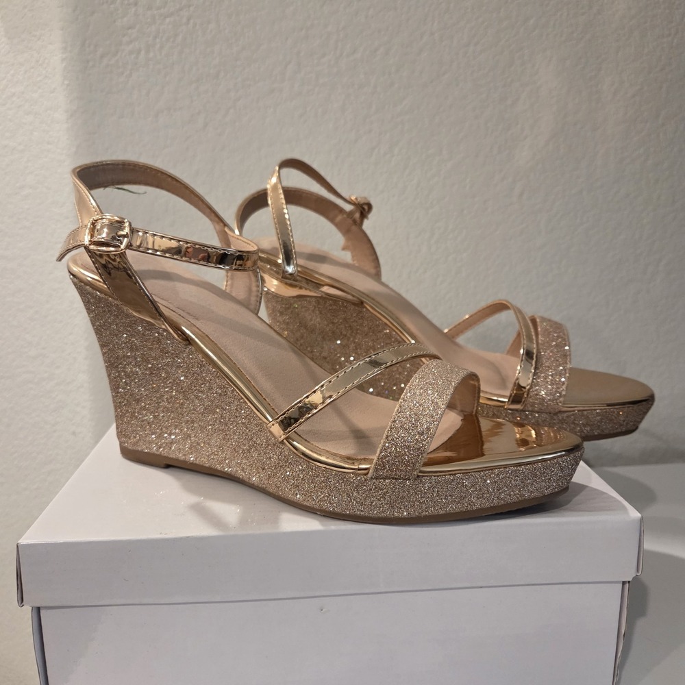 Forever Women's Glitter Strappy Wrapped Wedges Rose Gold Size 10 Sparkle